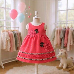 Bonnie Baby ✦ Coral Fleece Dress ✦ 18M Sleeveless Polka Dot Floral Applique EUC